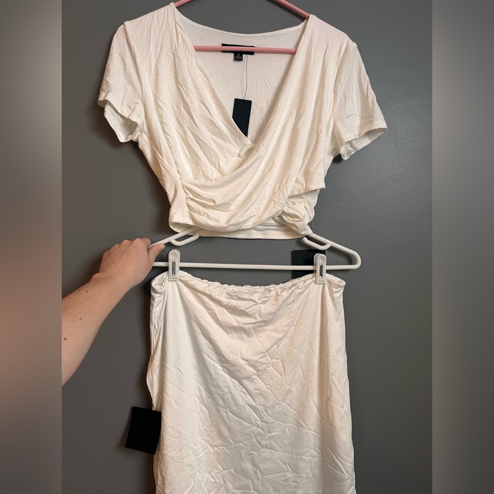 Lulu’s plain white set. Crop shirt and mini skirt